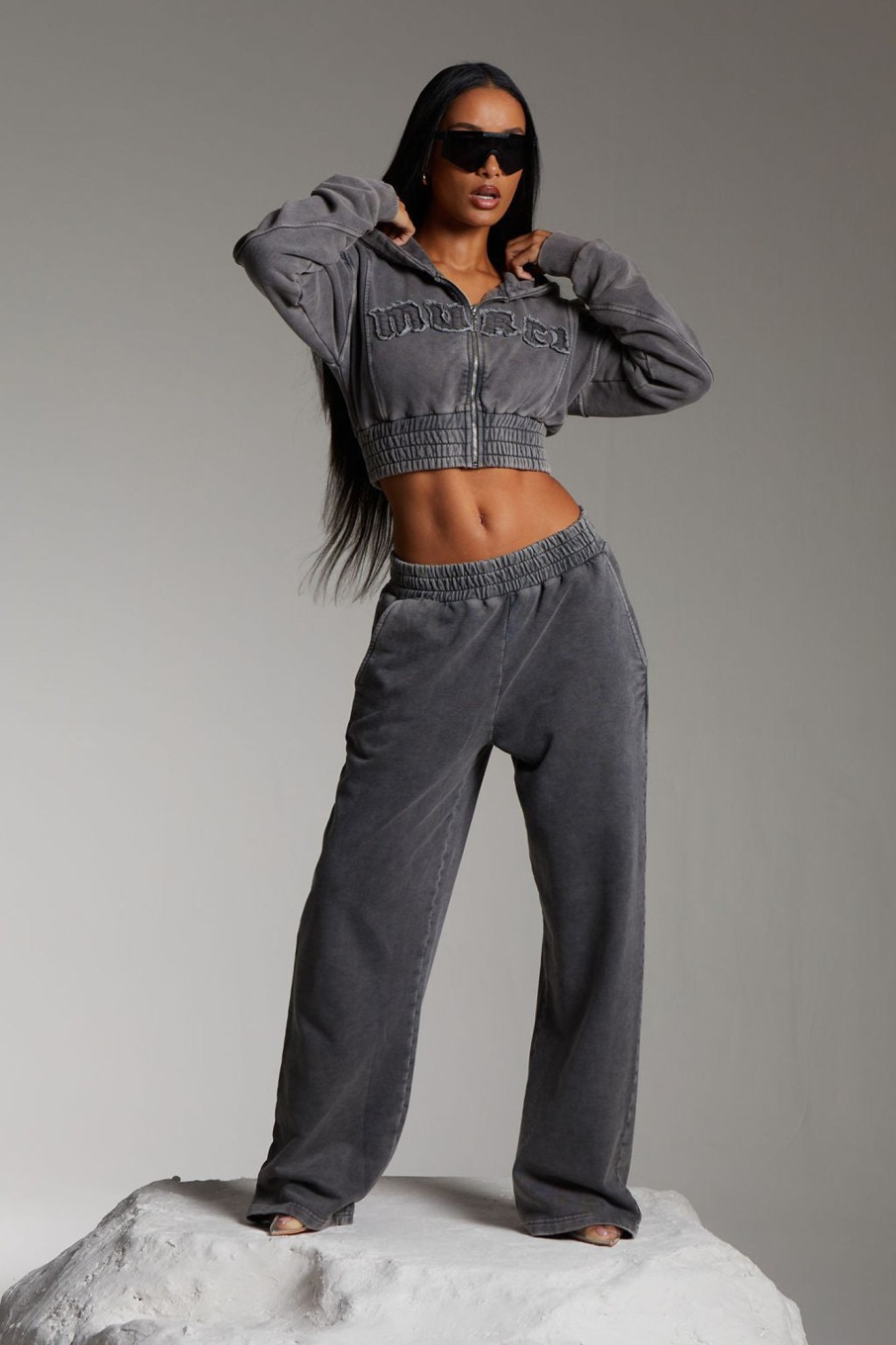 Co-Ords Murci | Applique Cropped Zip Up Hoodie In Acid Washed Grey