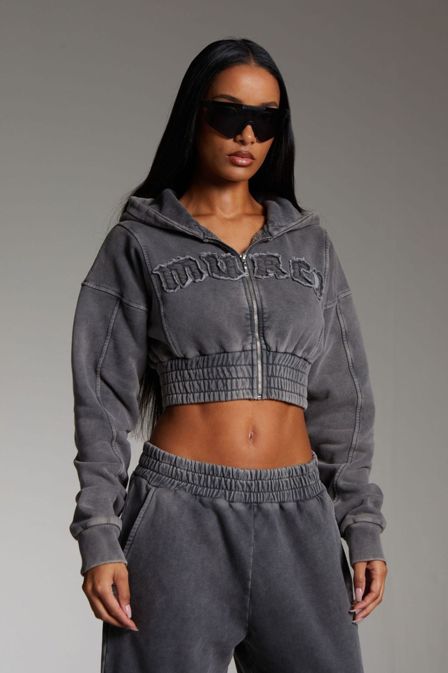 Co-Ords Murci | Applique Cropped Zip Up Hoodie In Acid Washed Grey