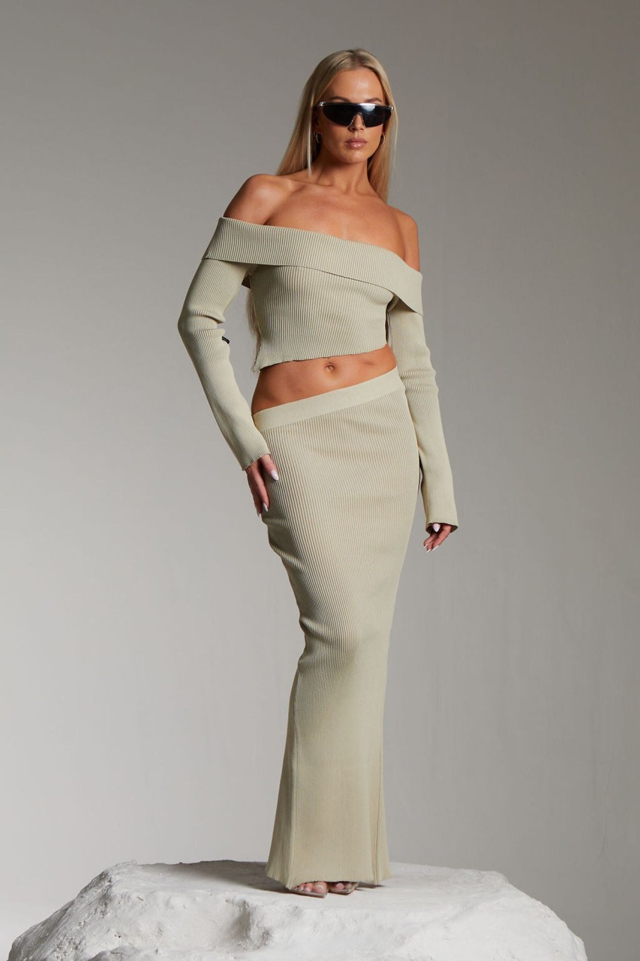 Co-Ords Murci | Off Shoulder Asymmetric Ribbed Top In Sage